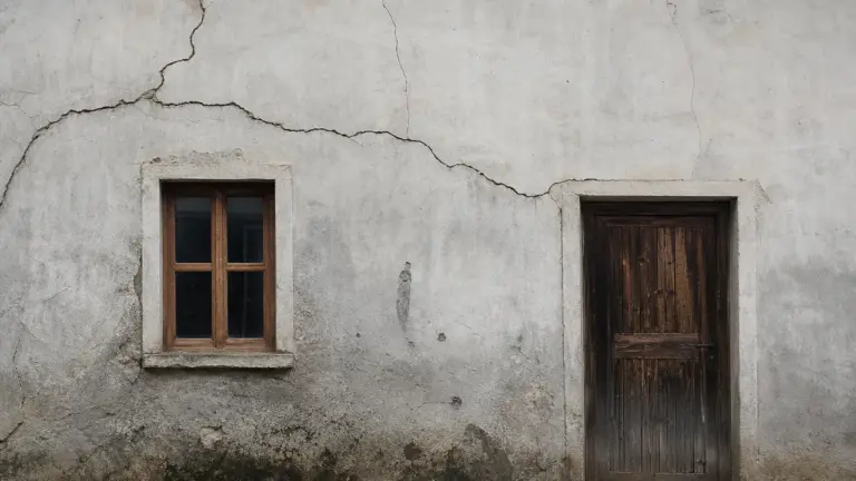 Maison en mâchefer avec enduit fissuré et traces d'humidité