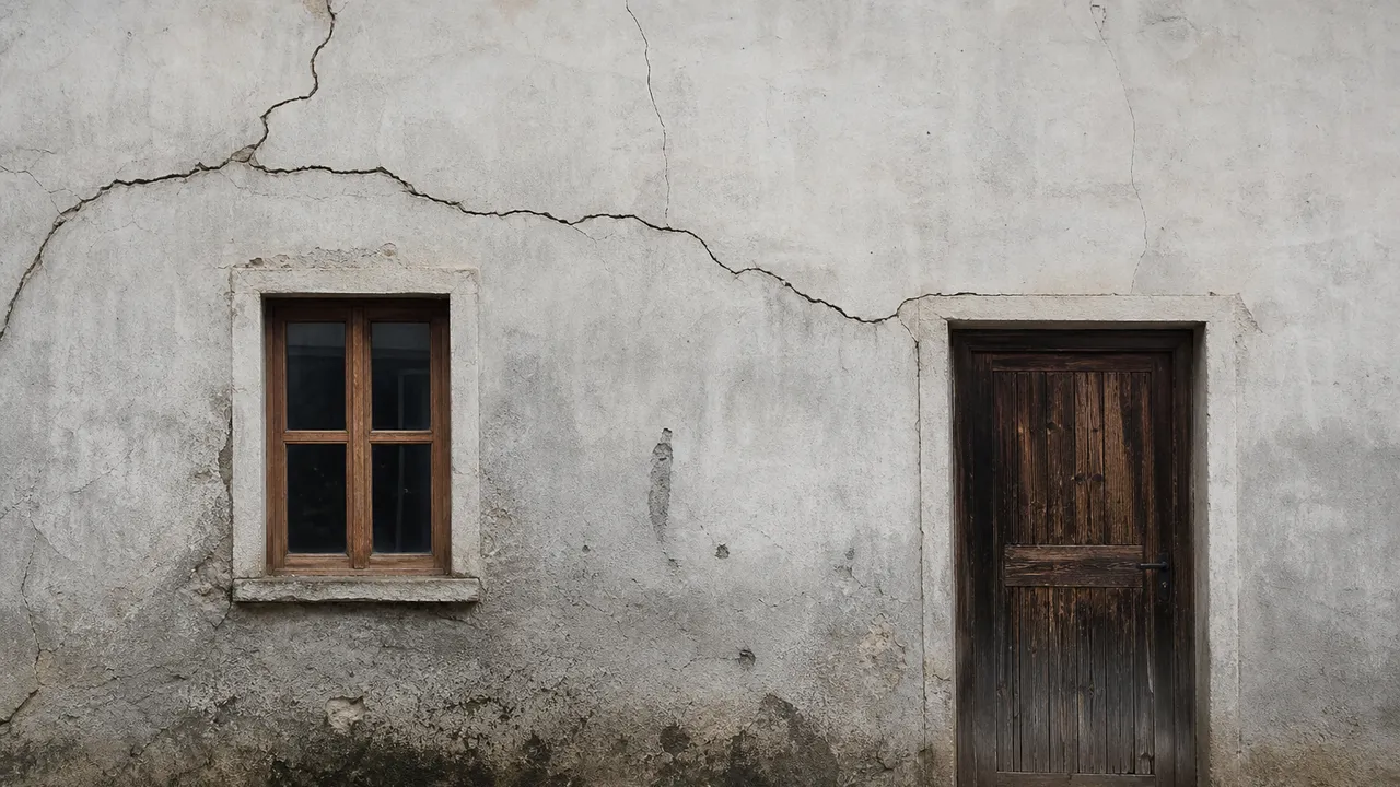 Maison en mâchefer avec enduit fissuré et traces d'humidité