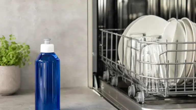 Bouteille de liquide de rinçage pour lave-vaisselle près d'un appareil