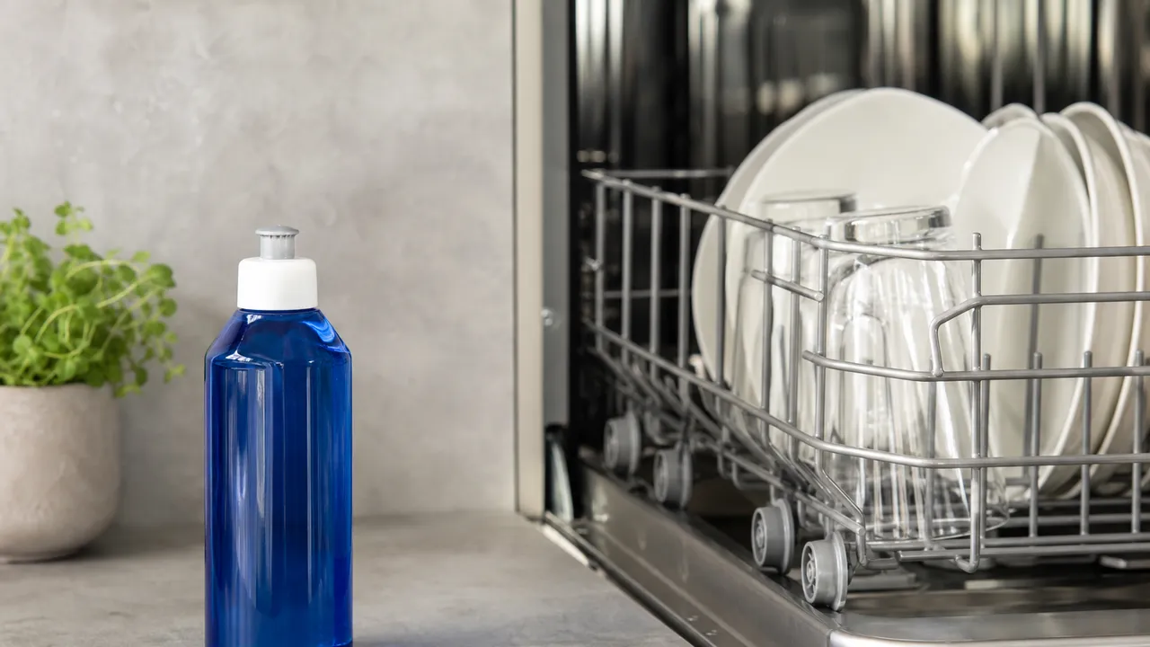 Bouteille de liquide de rinçage pour lave-vaisselle près d'un appareil