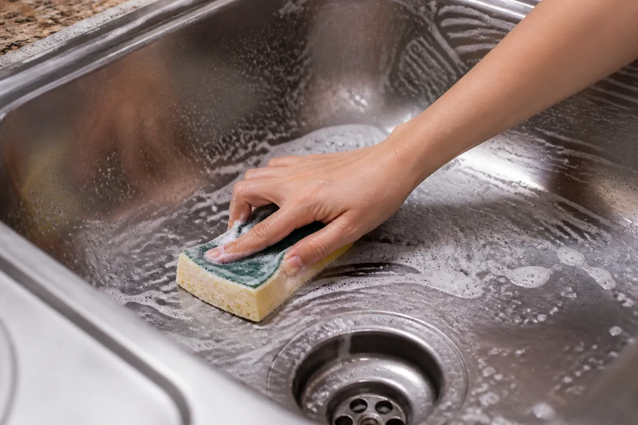 Nettoyage quotidien d'un évier inox à l'eau savonneuse