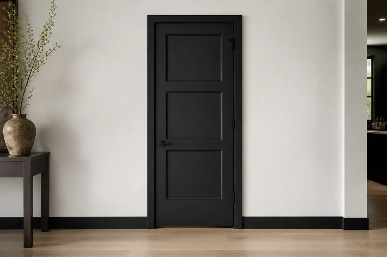 Porte intérieure noire sur mur blanc, contraste moderne