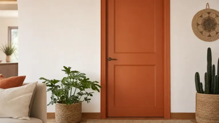 Porte intérieure terracotta sur mur blanc, couleur tendance