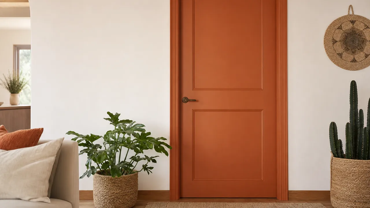 Porte intérieure terracotta sur mur blanc, couleur tendance