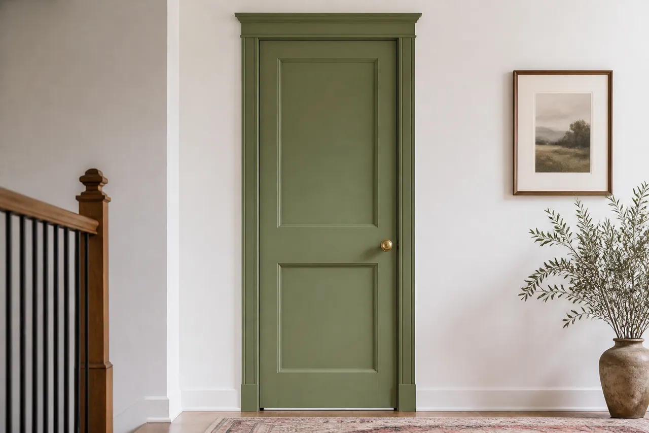 Porte intérieure vert sauge sur mur blanc, esprit naturel