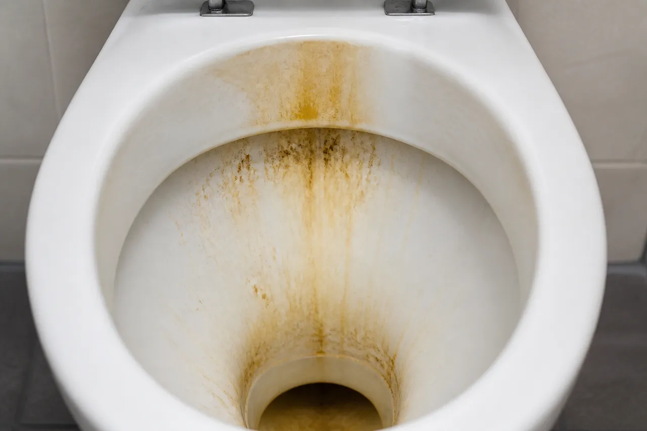 Taches marron et jaunes dans des toilettes à nettoyer